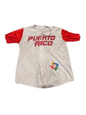 Puerto Rico Baseball Jersey Gray Red Pinstripe Button Front See Measurements